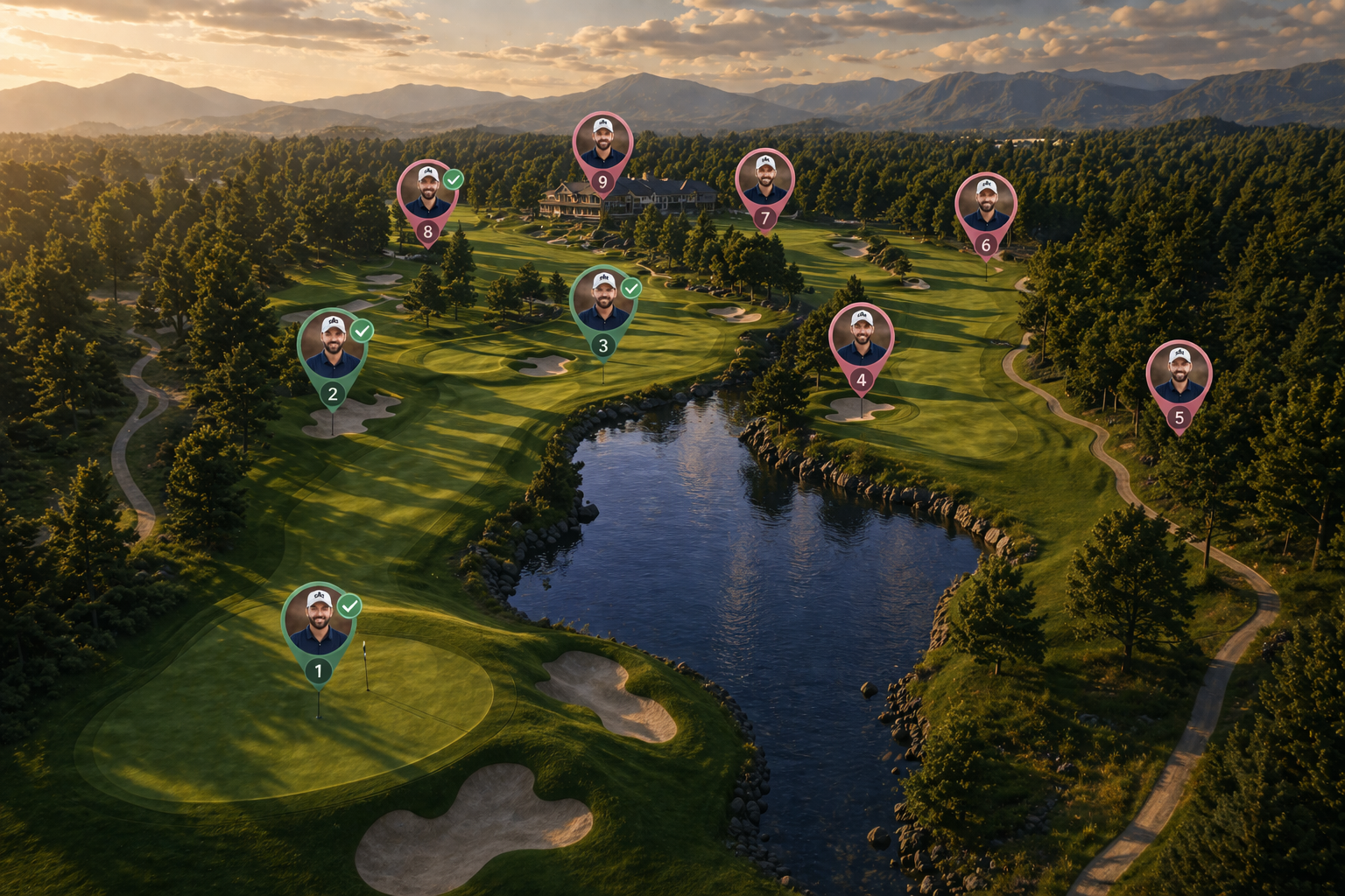 Aerial view of a mountain golf course with PinnReel pins on each hole, showing creator avatars and unlocked checkmarks
